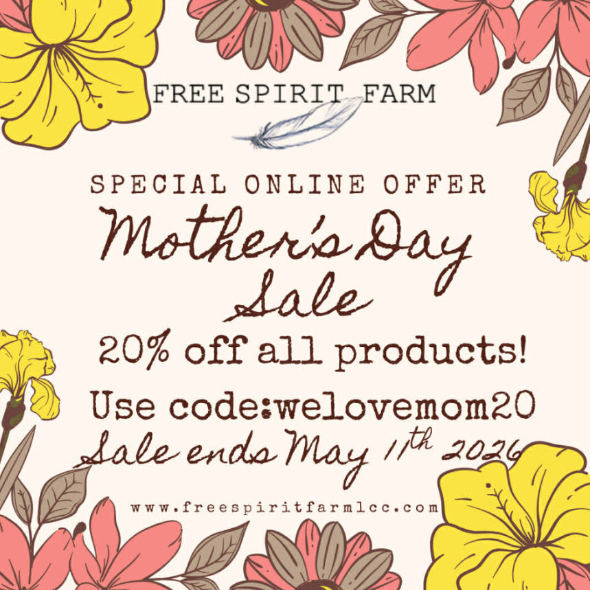 Promotional flyer for Free Spirit Farm Mother's Day Sale with floral design