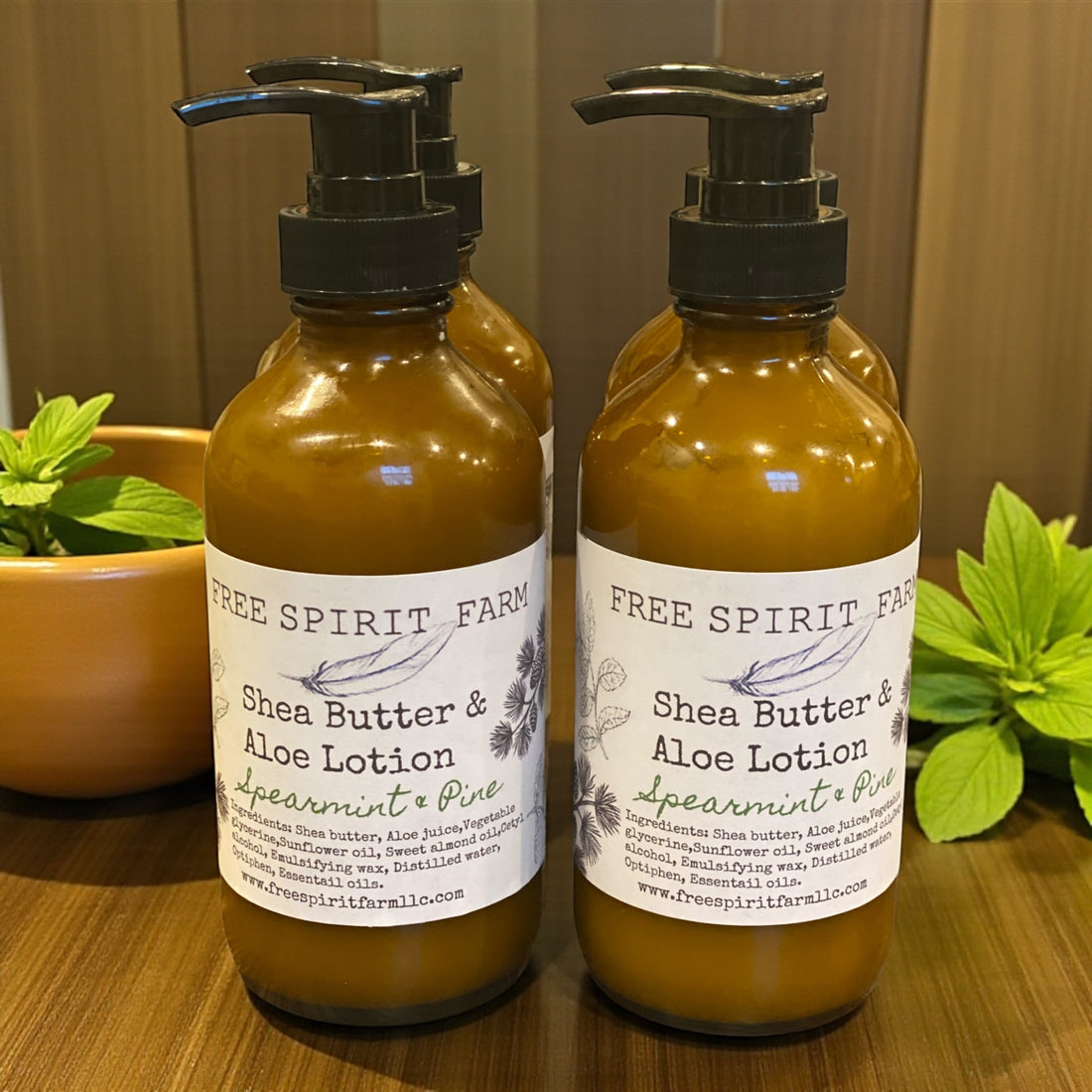 Shea &amp; Aloe Pump Lotion 8oz Glass Bottle~Spearmint &amp; Pine