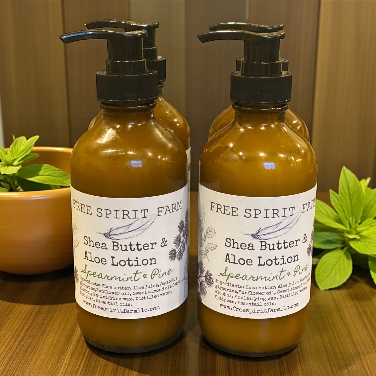 Shea &amp; Aloe Pump Lotion 8oz Glass Bottle~Spearmint &amp; Pine