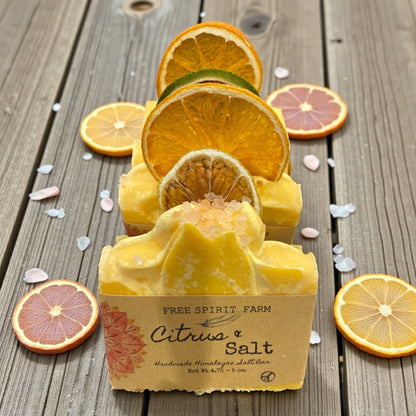Citrus and salt soap bar with packaging on a wooden surface with orange slices.